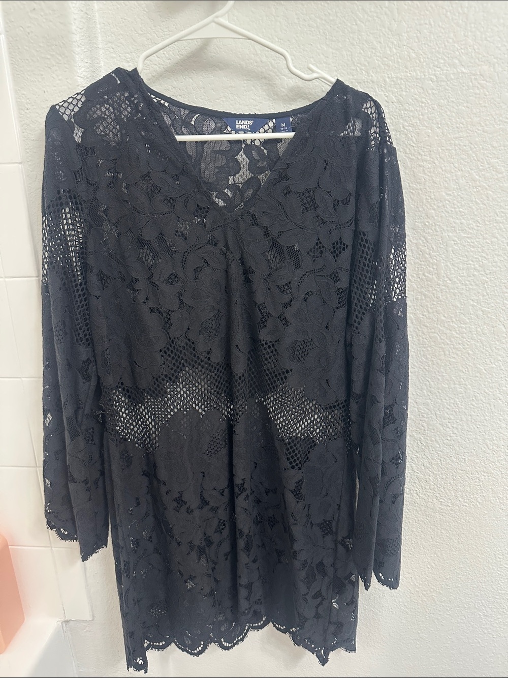 Lands' End Women's Long Sleeve Lace Mini Swim Cover-Up Dress